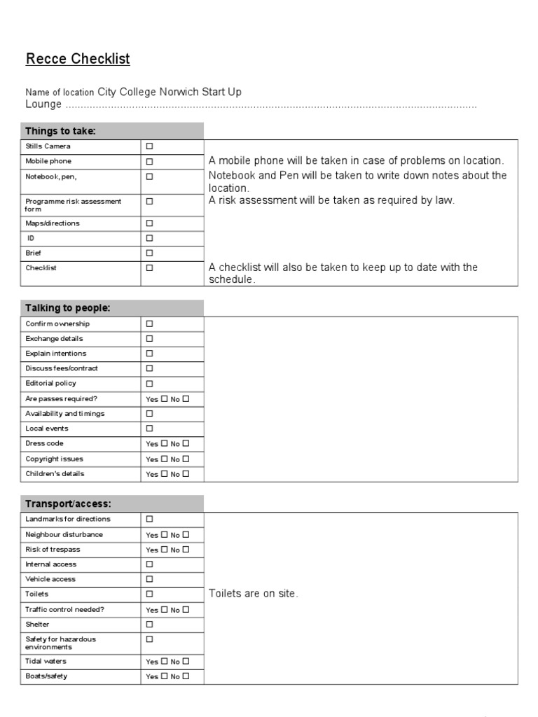 Recce Checklist: Things To Take | PDF | Business