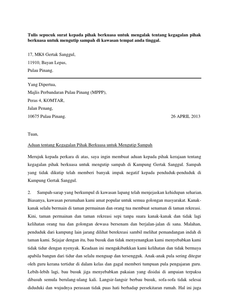 Surat Rasmi Aduan Tentang Kegagalan Pihak Berkuasa Untuk Mengutip Sampah Pdf