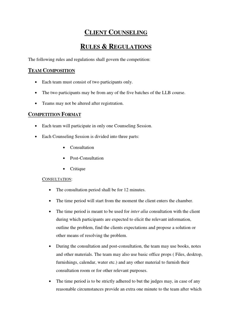 Client Counseling Competition Rules | PDF | Mediation | Social Institutions