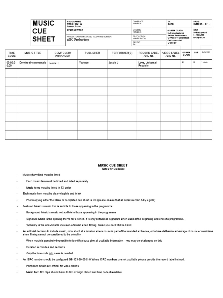 Music Cue Sheet Guidelines | PDF | Art