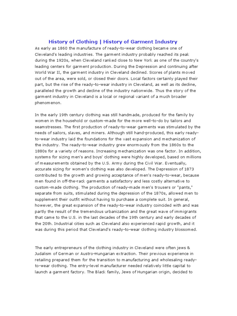 History of Clothing Industry PDF Clothing Trade Union