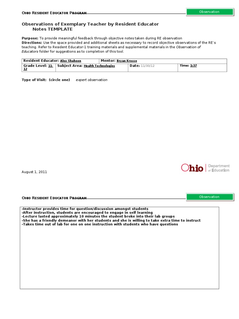 Resident Educator Observation Notes | PDF