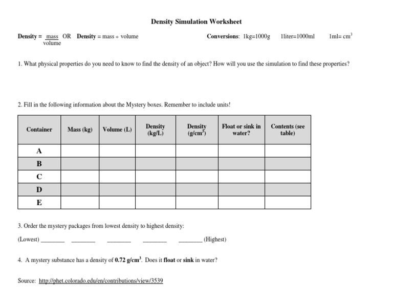 Density Student Worksheet | PDF