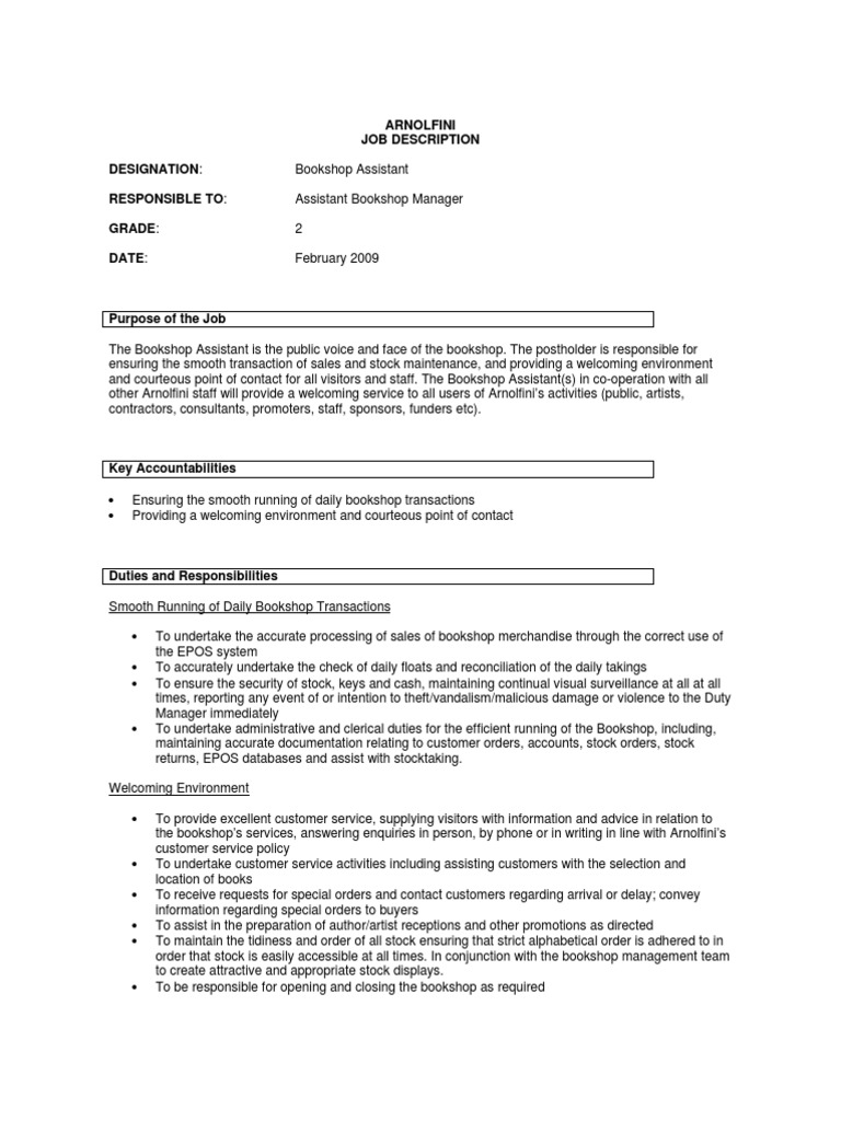 Bookshop Assistant Job Description | PDF | Point Of Sale | Employment
