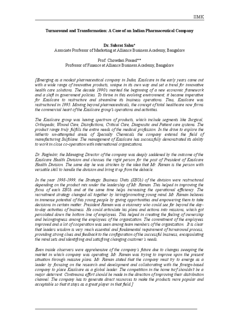 Turnaround of A Pharmaceutical Company: A Case Study | PDF | Business