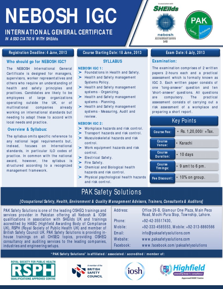 NEBOSH IGC Course Details in Karachi | PDF | Occupational Safety And ...
