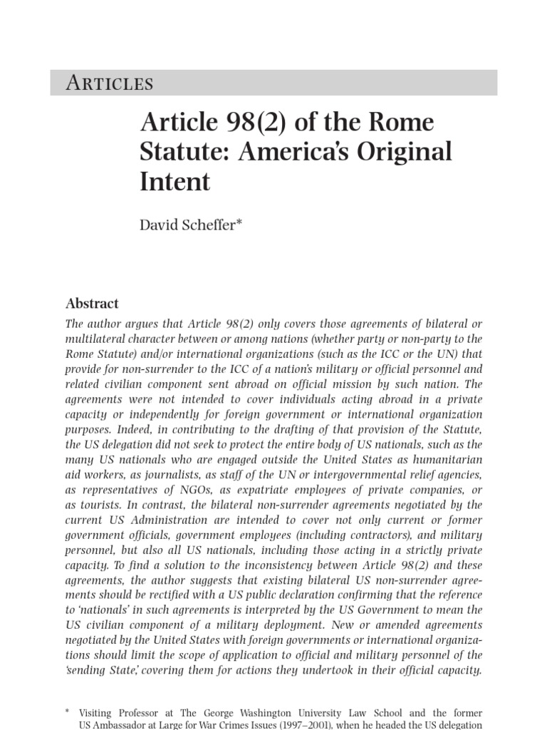 Art. 98(2) of the Rome Statute (America's Original Intent