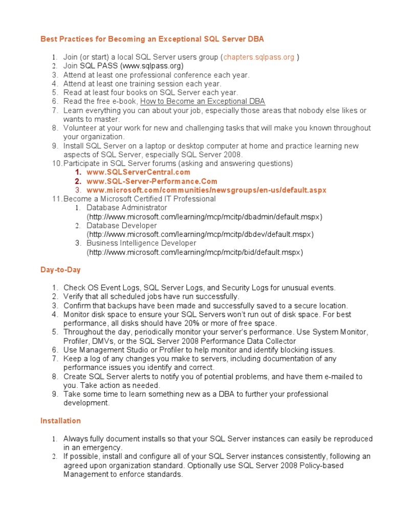 Best Practices For SQL Server DBA | PDF | Database Index | Microsoft ...
