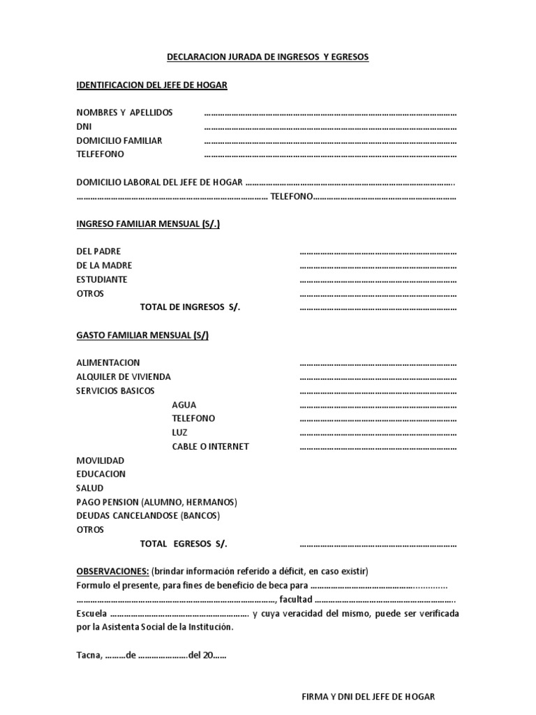 Declaracion Jurada de Ingresos y Egresos | PDF
