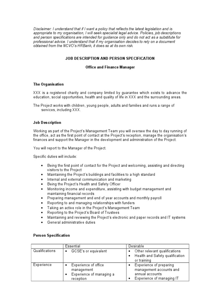 Job Description and Person Specification Office and Finance Manager | PDF |  Employment | Occupational Safety And Health