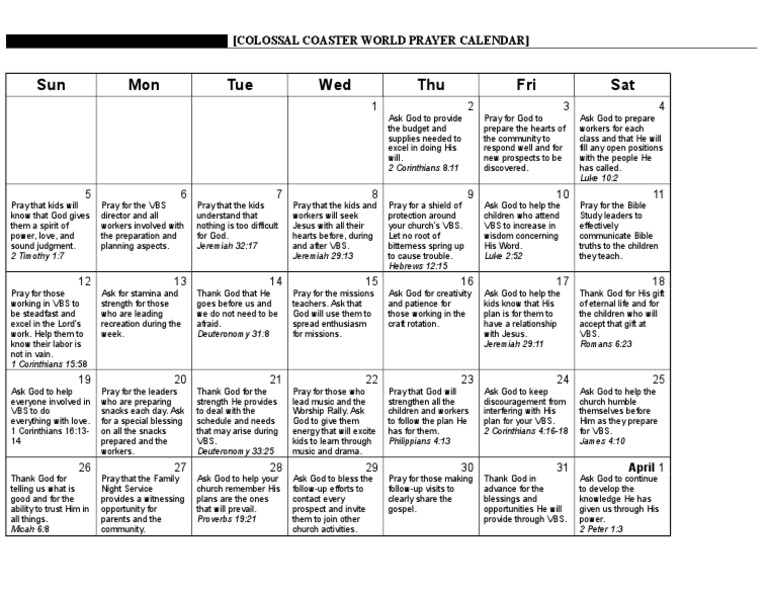 VBS Prayer Calendar Prayer Abrahamic Religions