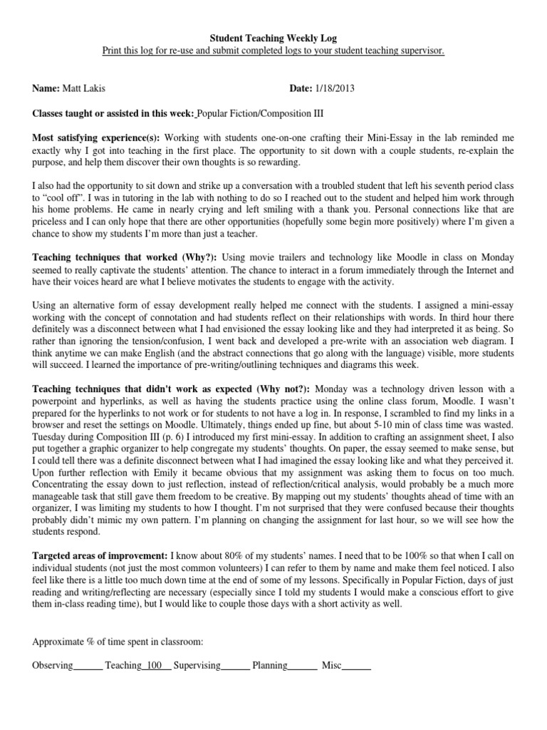 Weekly Logs For Portfolio | PDF | Classroom | Teachers