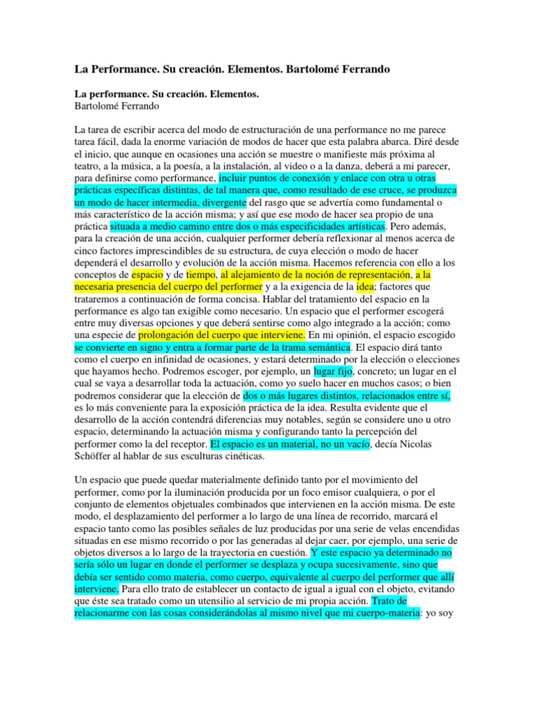 Elementos de la Performance según Ferrando | PDF | Espacio | Teatro