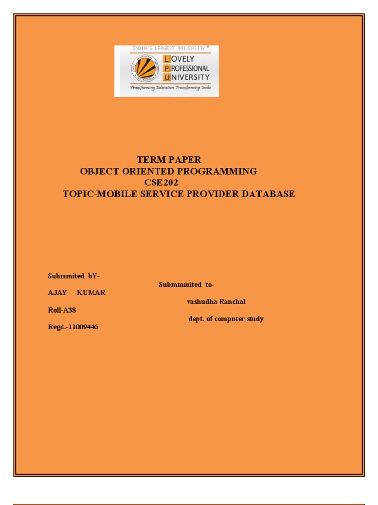 Term Paper Object Oriented Programming CSE202 Topic-Mobile Service ...