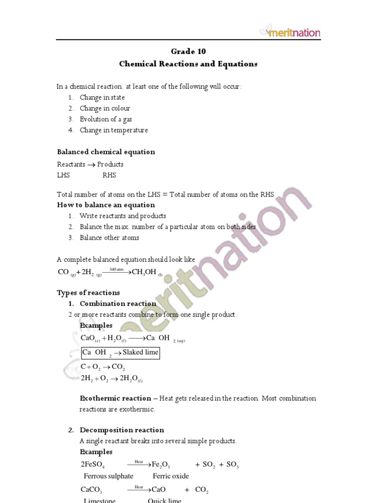 Grade 10 Chemical Reactions Overview | PDF | Redox | Chemical Reactions