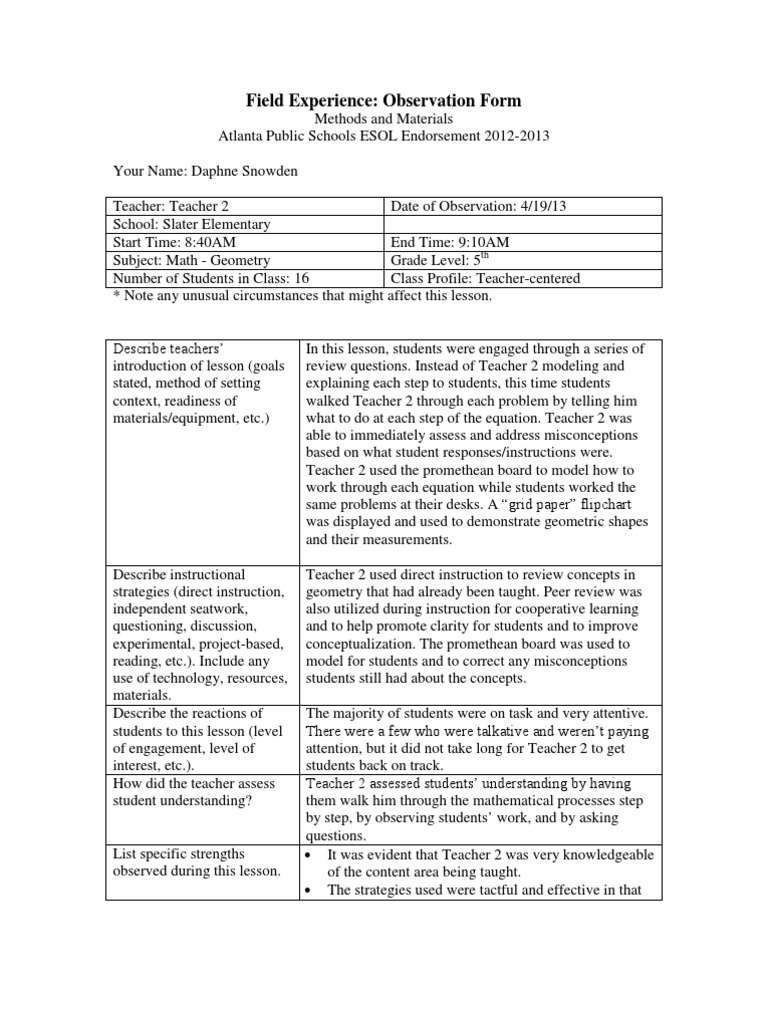 Field Experience Observation Form Teacher 2 Teachers Teaching
