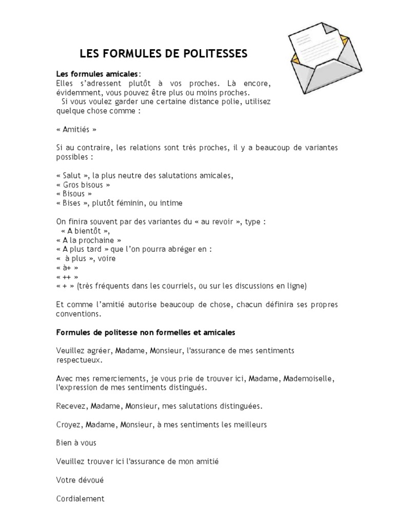 Formules De Politesse Non Formelles Et Amicales