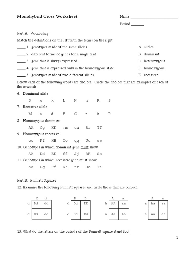 Quiz No. 5  - Monohybrid Cross  PDF  Dominance (Genetics)  Zygosity Throughout  Monohybrid Cross Worksheet Answers