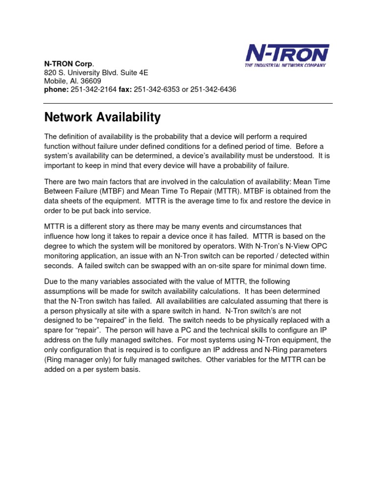 MTBF and MTTR for Network Availability | PDF | Telecommunications ...