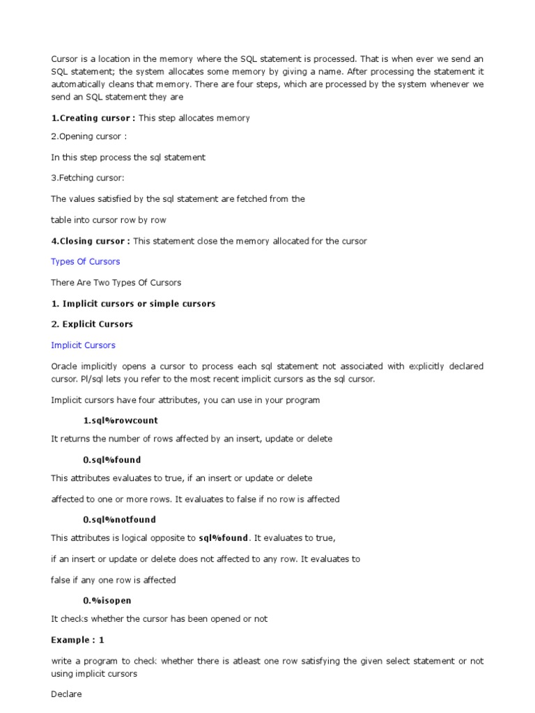 1.creating Cursor: This Step Allocates Memory: Types of Cursors | PDF ...
