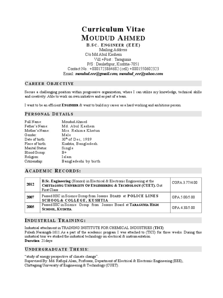 Cv Of Moudud Bangladesh Electrical Engineering
