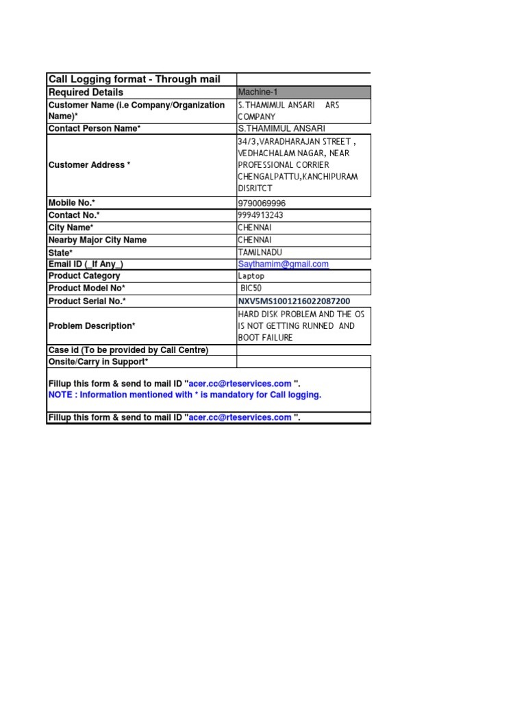 Acer Call Logging Format | PDF | Business | Computers