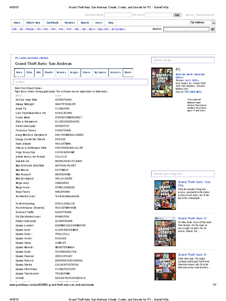 Grand Theft Auto San Andreas Cheats Codes And Secrets For Pc Gamefaqs Leisure Sports