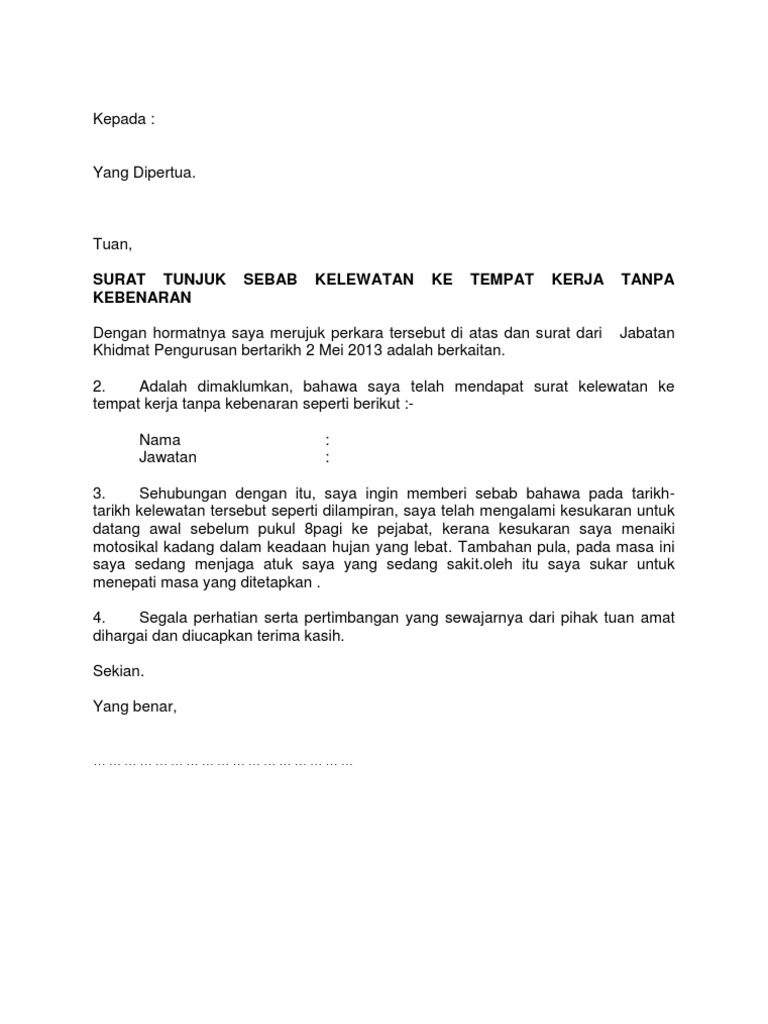 Contoh Surat Tunjuk Sebab Mengaku Kesalahan