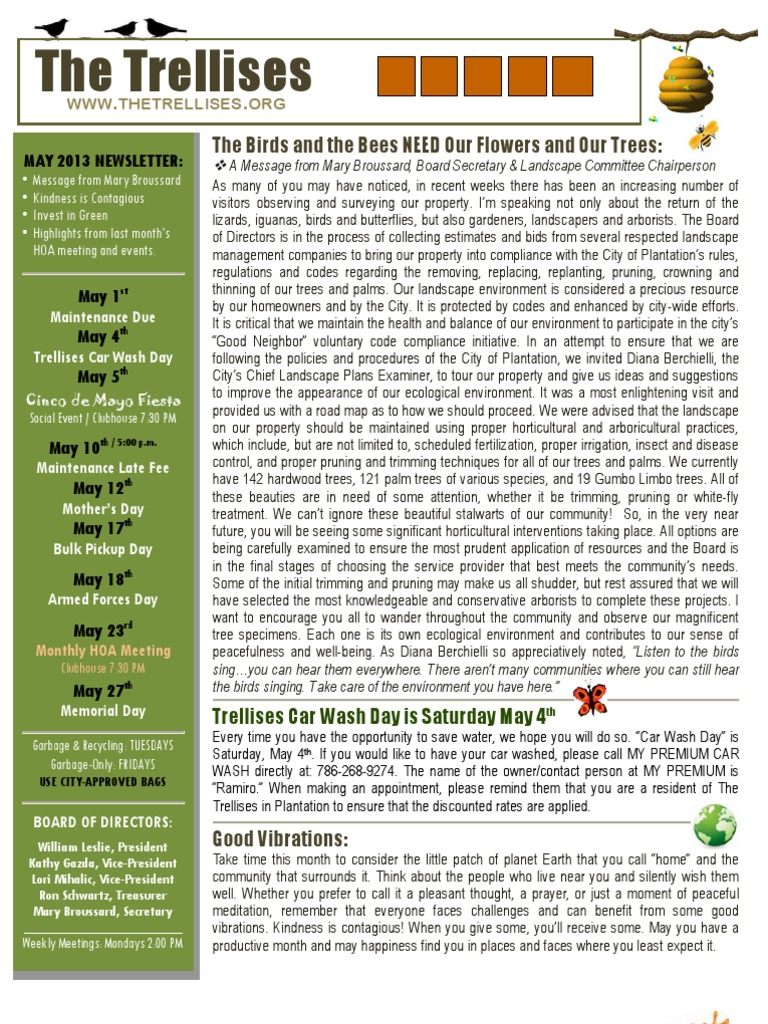 Trellises Community May Newsletter | PDF | Pruning | Landscape