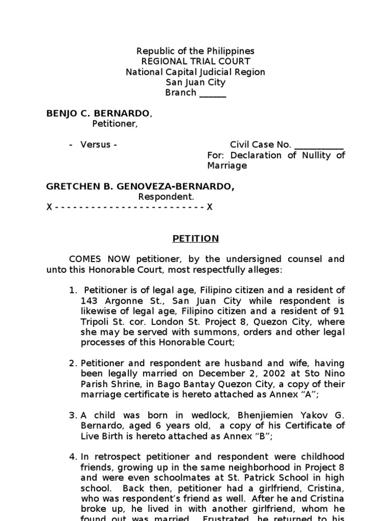 Petition For Declaration of Nullity of Marriage Marriage