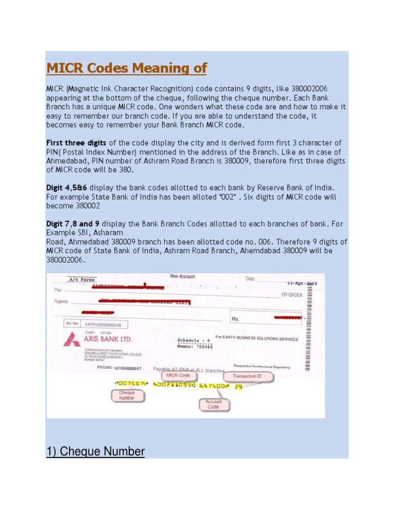 Micr Code Meaning of Cheque Cheque Banking
