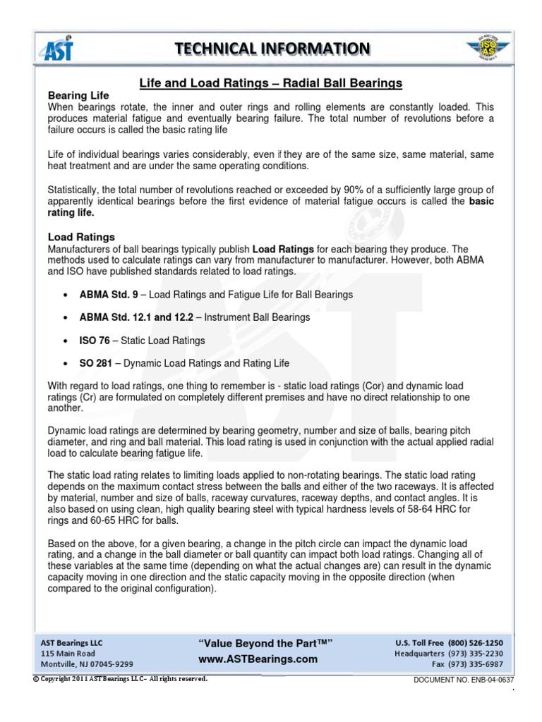 Technical Information Sheet Radial Ball Bearings Life and Load Ratings