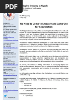 Download PR-073-2013 Advisory - No Need to Come to Embassy and Camp Out for Repatriation by Philippine Embassy in Riyadh SN139313367 doc pdf