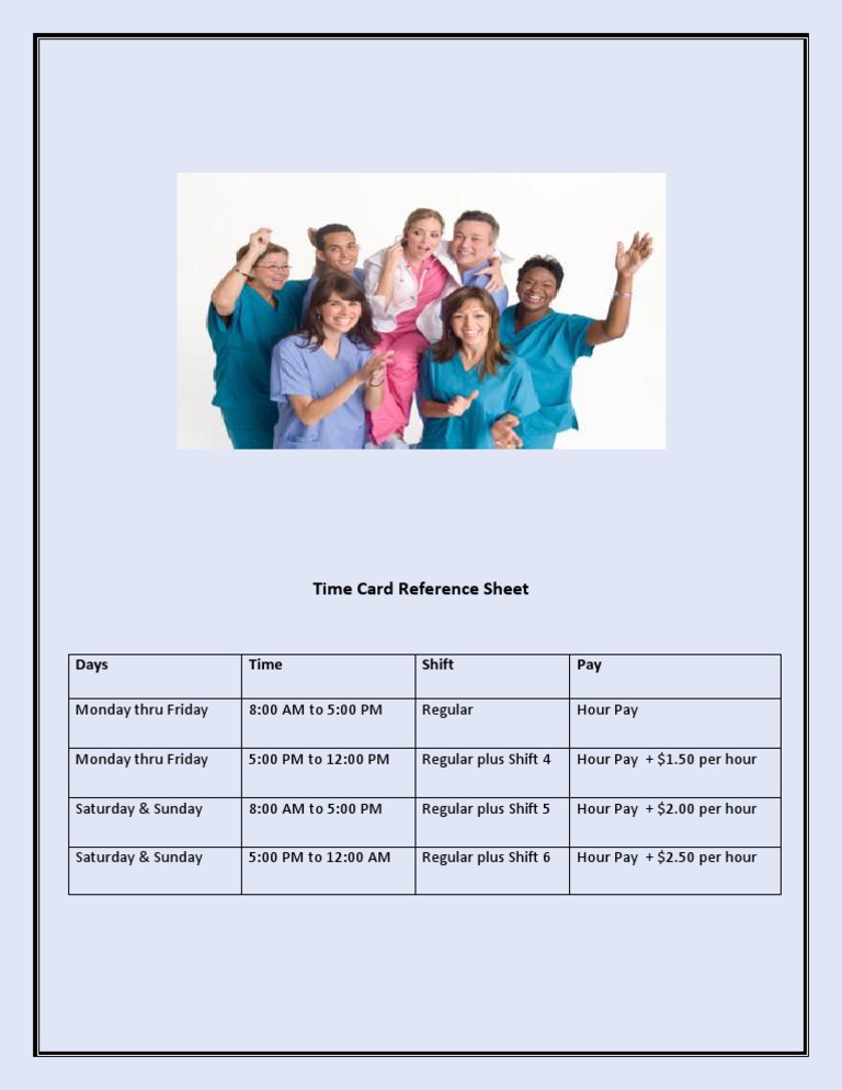 Time Card Reference Sheet: Days Time Shift Pay | PDF