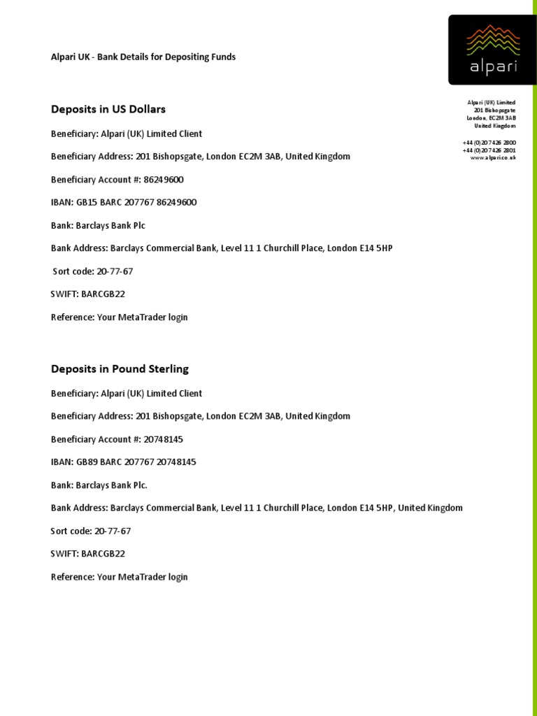 Alpari UK Fund Deposit Details | PDF | Barclays | Banks