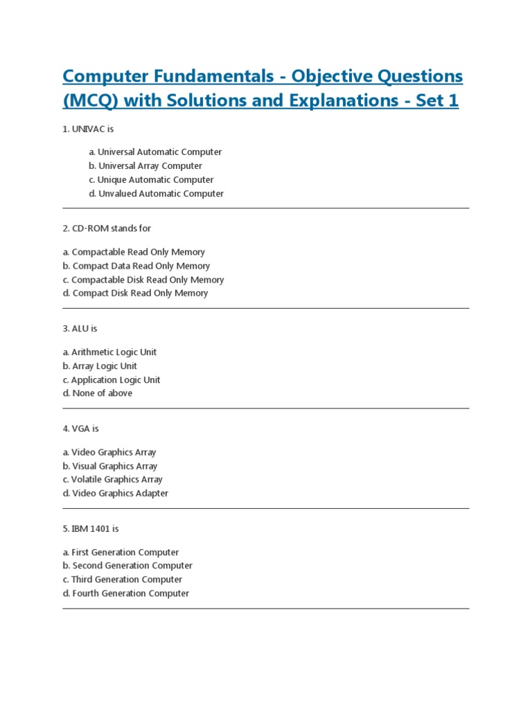 Computer Fundamentals Objective Questions (MCQ) With Solutions and