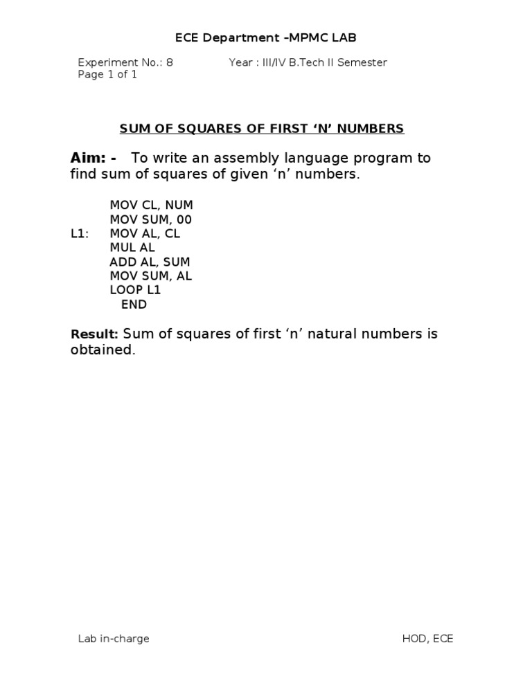 Sum of Squares in Assembly Language | PDF