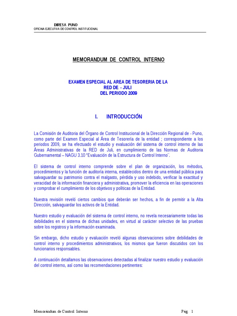Memo Control Interno Bancos Contabilidad