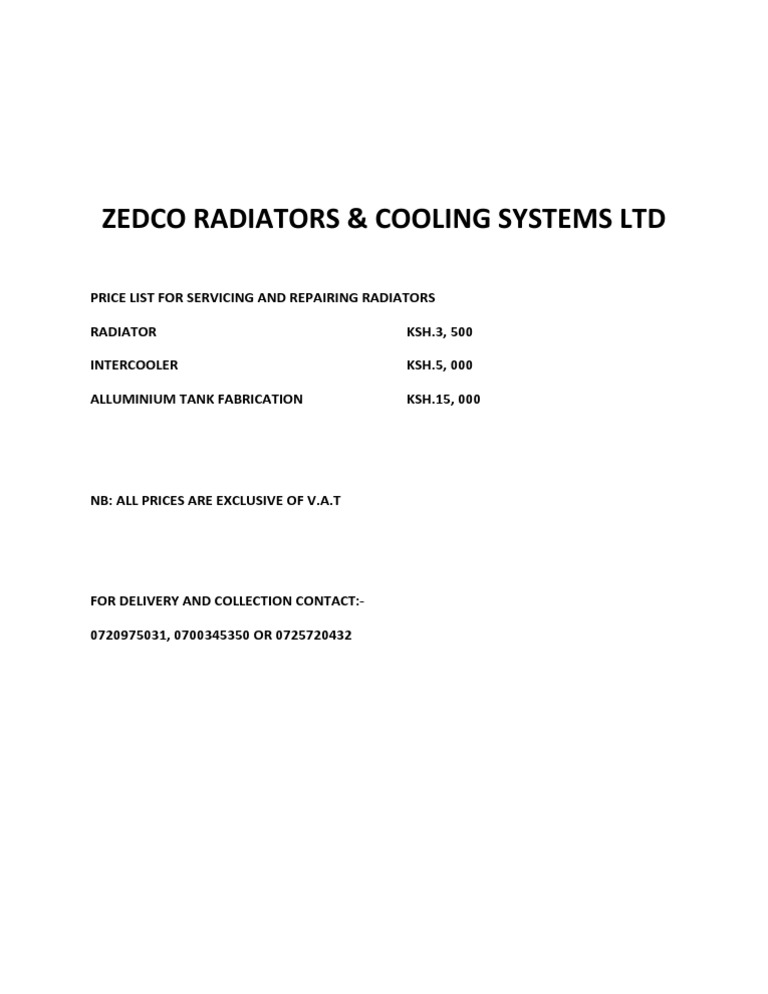 ZEDCO Radiators Service Price List | PDF | Computers