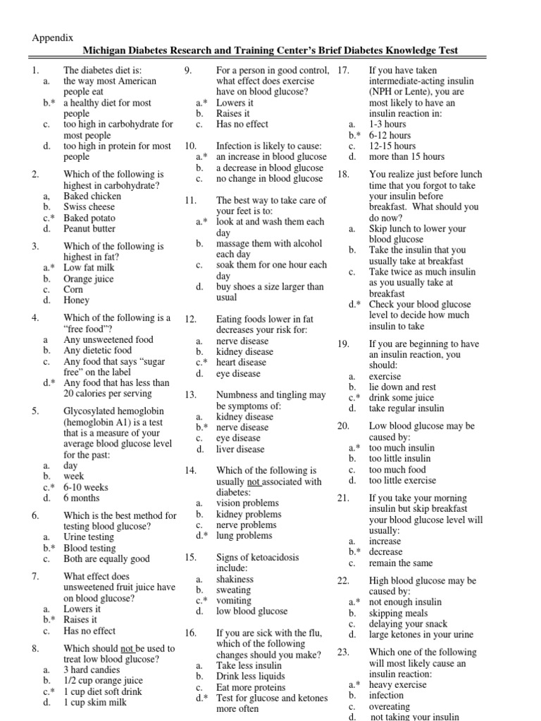 Diabetes Knowledge Test PDF Diabetes Mellitus Insulin