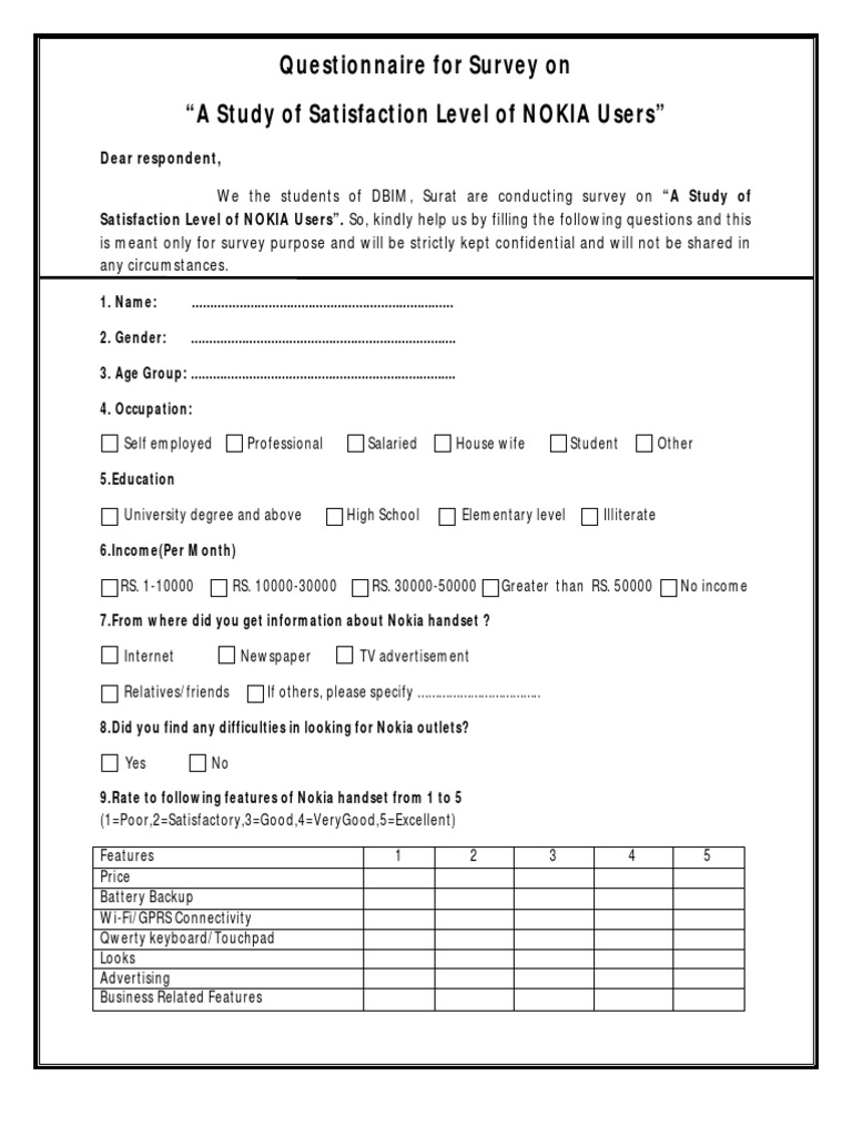 Questionnaire For Survey On Nokia Mobile Communication Technology Engineering
