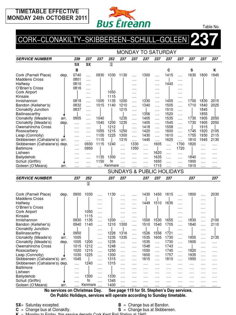 237 Bus Timetable: Cork to Clonakilty | PDF | Observances | Christian ...