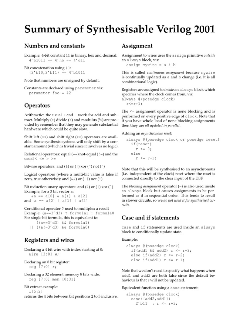 Synthesisable Verilog 2001 Overview | PDF | Bit | Arithmetic