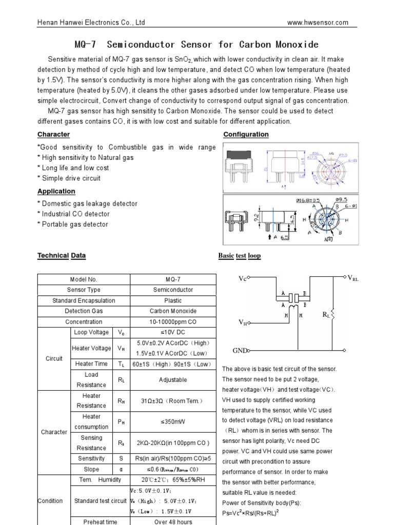 MQ-7 Semiconductor Sensor For Carbon Monoxide | Sensor | Electrical ...