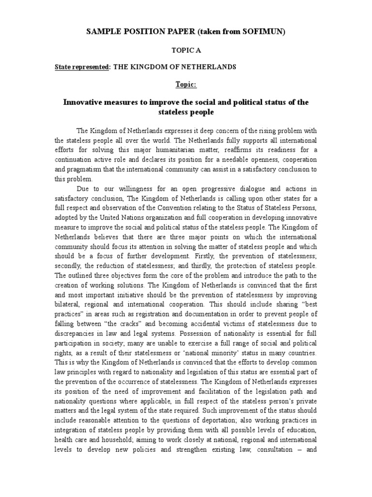 Sample Position Paper (Taken From Sofimun): State ...