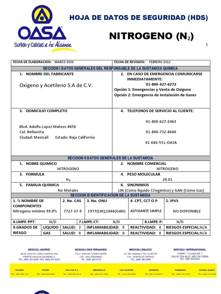 Ficha de Seguridad del Nitrógeno (N₂) | PDF | Oxígeno | Gases