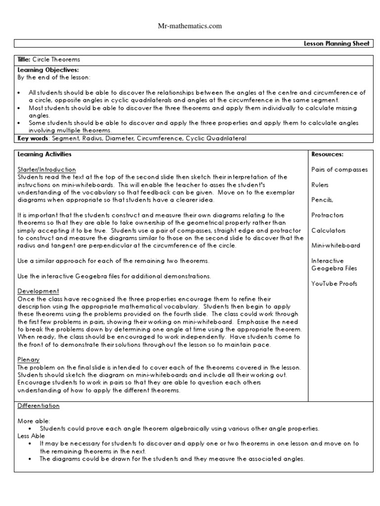 Lesson Plan Circle Theorems Pdf Circle Angle