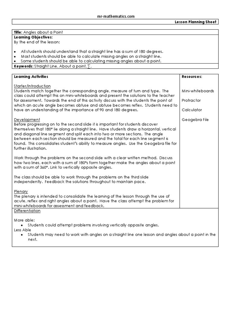 Angles About a Point Lesson Plan | PDF | Angle | Line (Geometry)