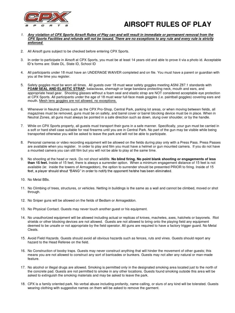 Airsoft Rules of Play Sniper Indemnity