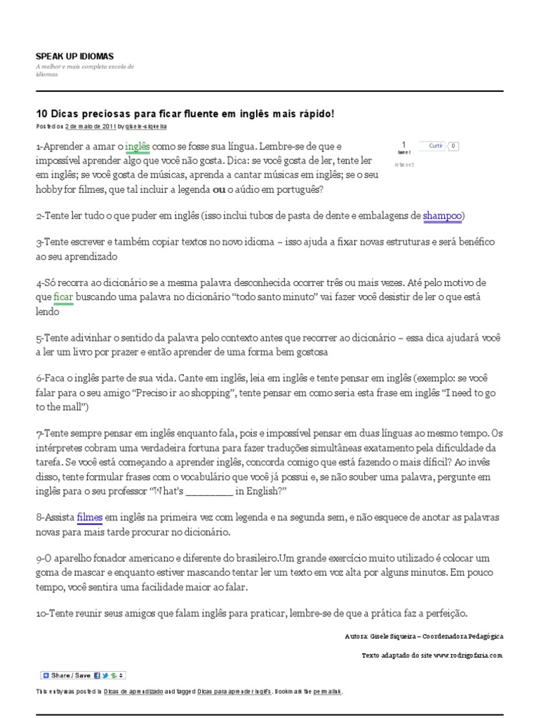 10 Dicas preciosas para ficar fluente em inglªs mais rápido SPEAK UP IDIOMAS